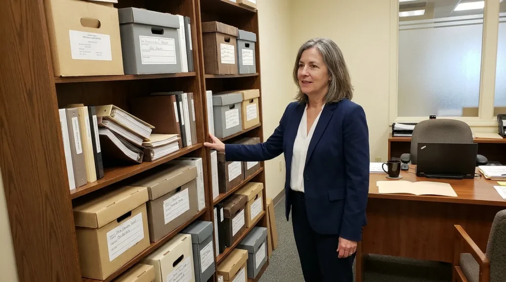 Femme en blazer bleu devant des boîtes d'archives organisées