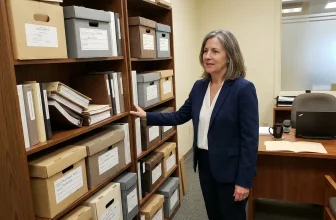 Femme en blazer bleu devant des boîtes d'archives organisées