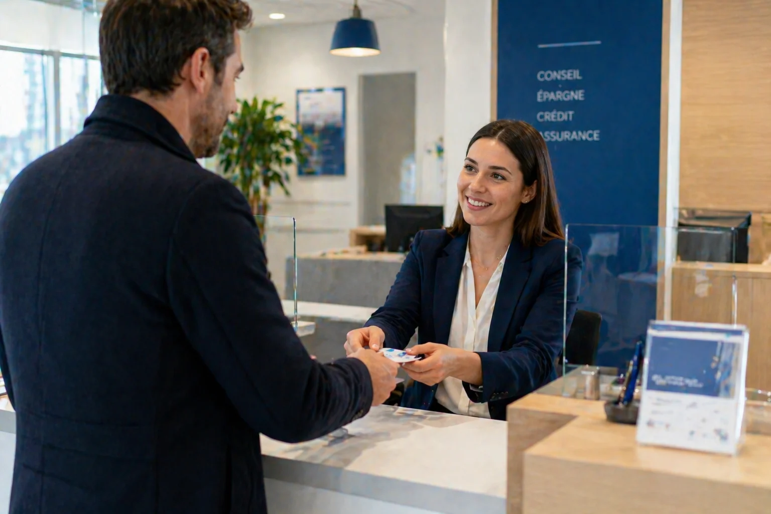 Cliente échangeant avec une conseillère bancaire à l’accueil.