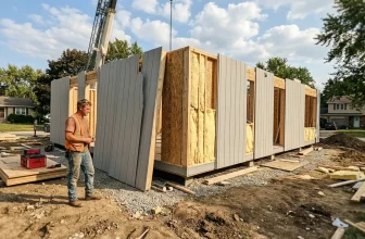 Ouvrier inspectant une maison modulaire en construction