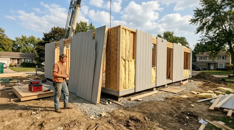 Ouvrier inspectant une maison modulaire en construction