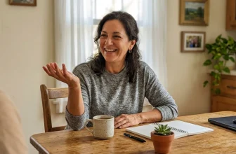 Femme souriante en conversation assise à une table en bois