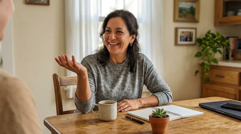 Femme souriante en conversation assise à une table en bois