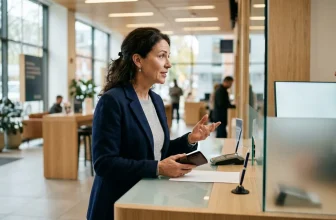 Femme en blazer bleu discutant avec réceptionniste au bureau moderne