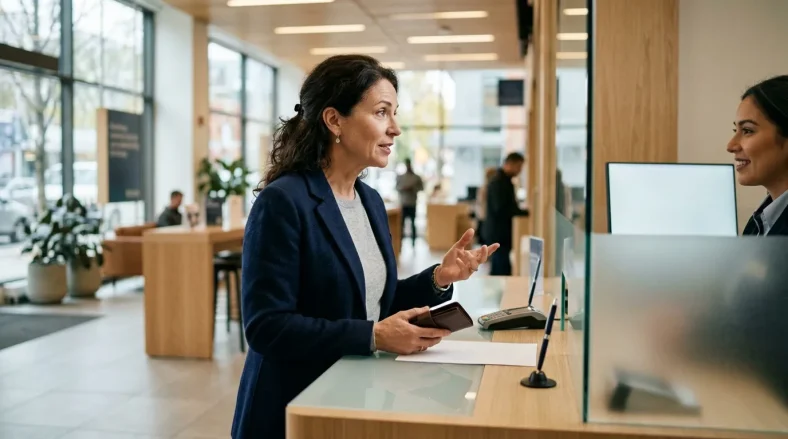 Femme en blazer bleu discutant avec réceptionniste au bureau moderne