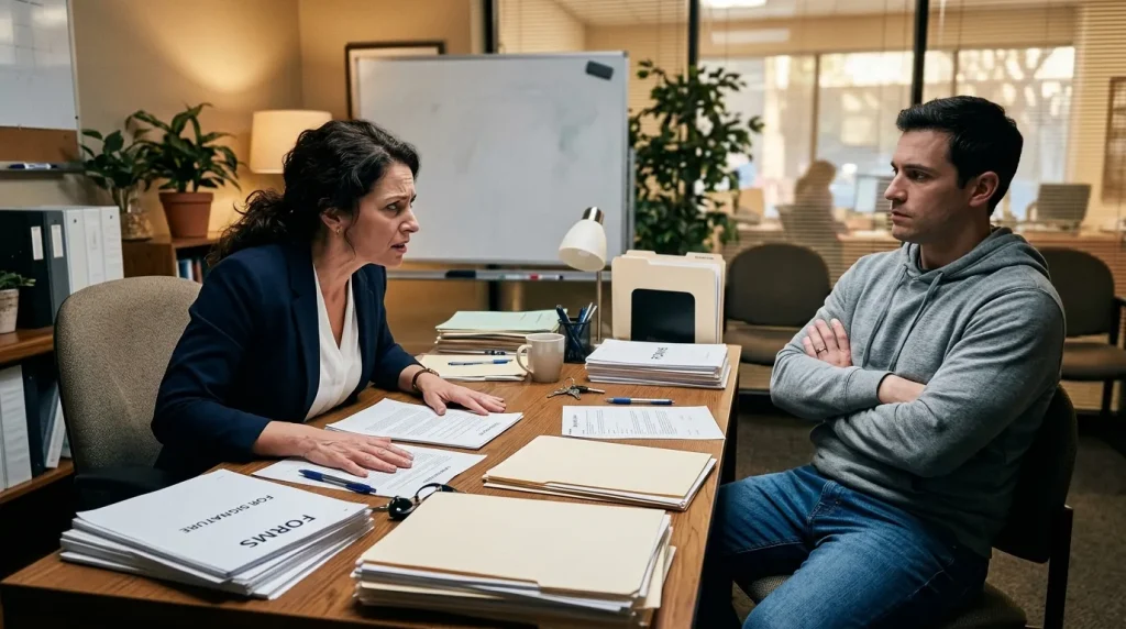 Femme en costume et homme en hoodie discutent autour d'un bureau