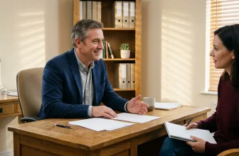 Homme et femme en discussion professionnelle à un bureau en bois
