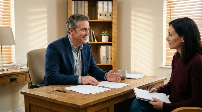 Homme et femme en discussion professionnelle à un bureau en bois