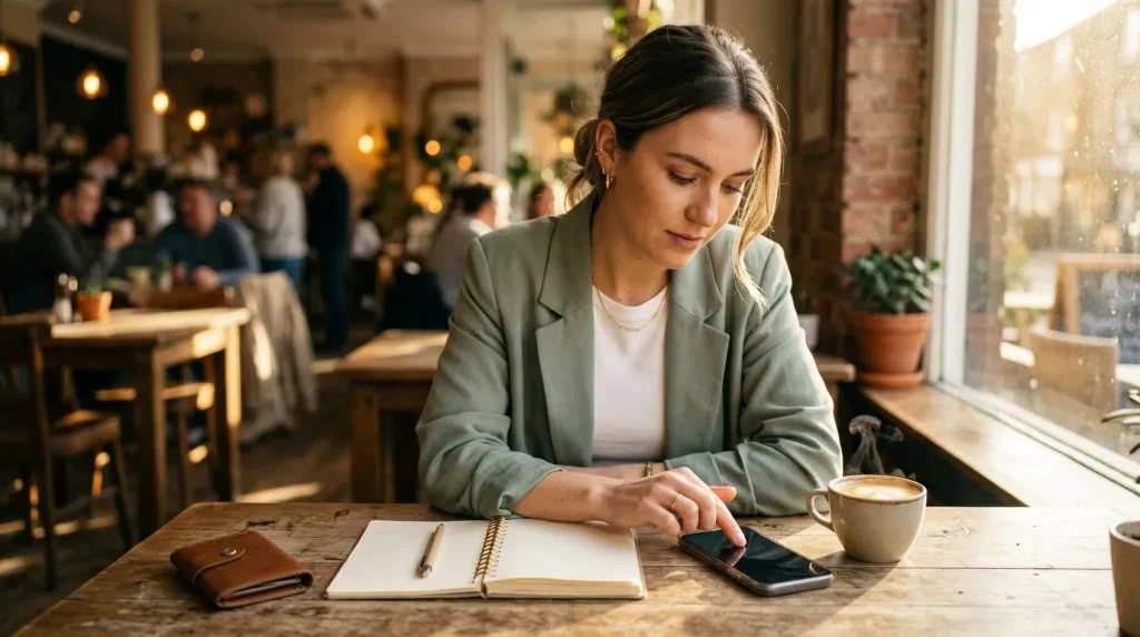 Femme en blazer gris consultant son téléphone au café