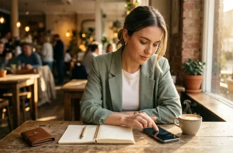 Femme en blazer gris consultant son téléphone au café