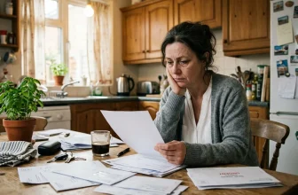 Femme examinant des documents financiers à sa table de cuisine