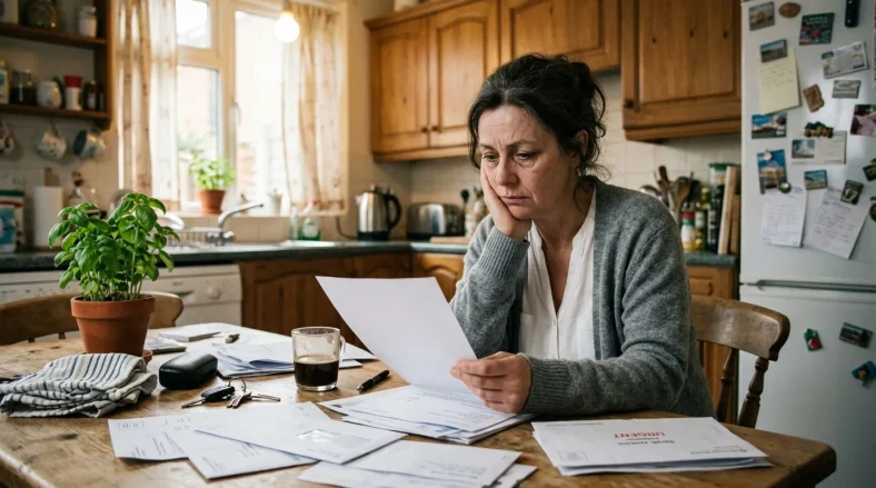 Femme examinant des documents financiers à sa table de cuisine