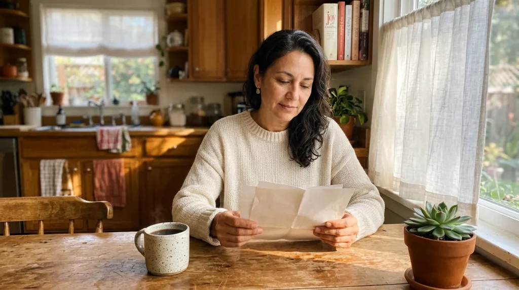 Femme souriante lisant une lettre à sa table de cuisine