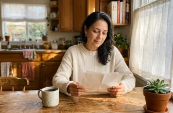 Femme souriante lisant une lettre à sa table de cuisine