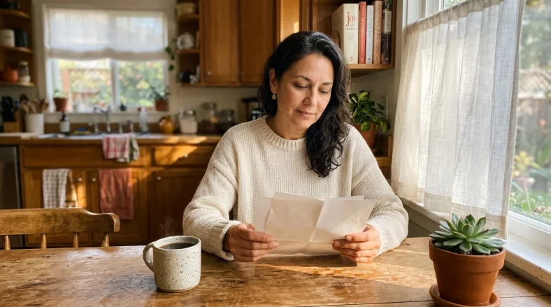 Femme souriante lisant une lettre à sa table de cuisine