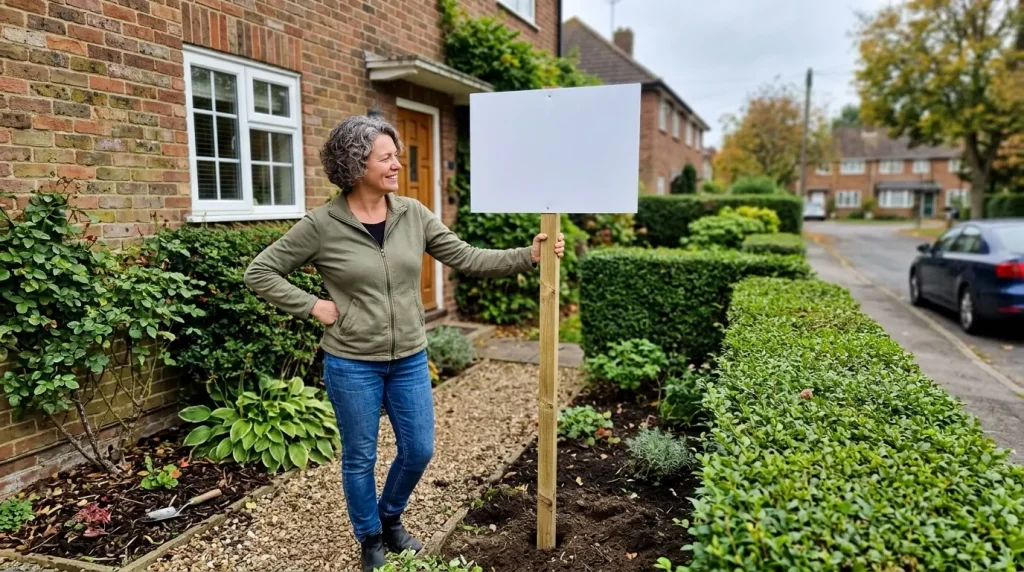 Femme souriante tenant panneau blanc vide dans jardin résidentiel
