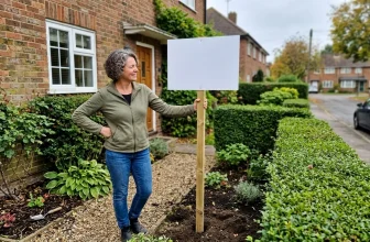 Femme souriante tenant panneau blanc vide dans jardin résidentiel
