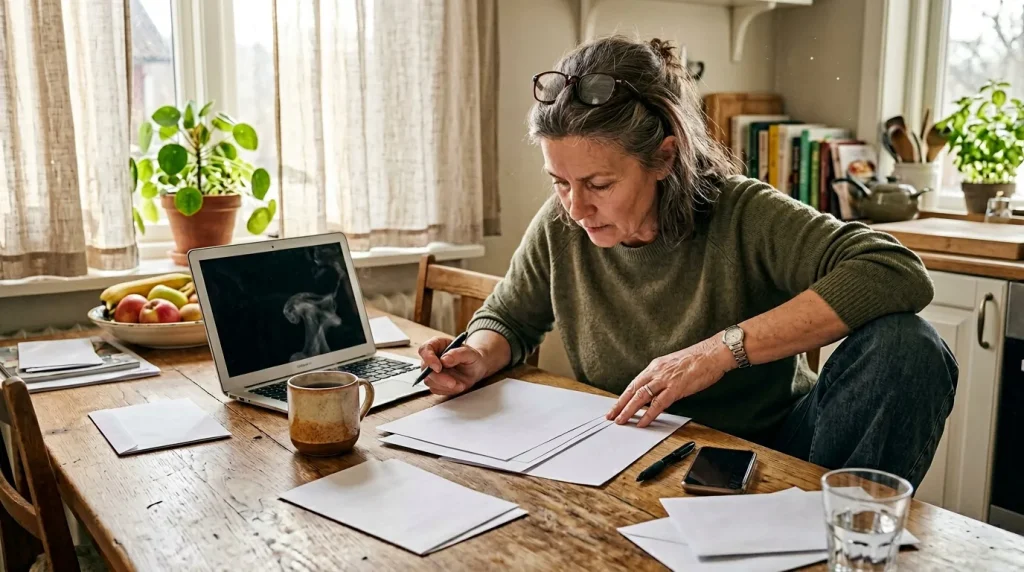 Femme mature écrivant à sa table de travail avec ordinateur portable