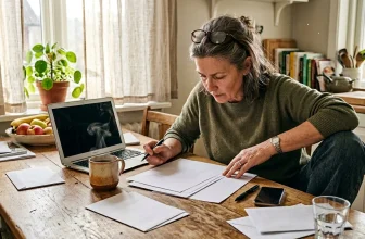 Femme mature écrivant à sa table de travail avec ordinateur portable