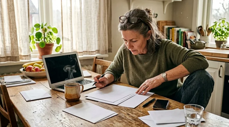 Femme mature écrivant à sa table de travail avec ordinateur portable