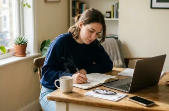 Femme écrivant dans un carnet près de son ordinateur portable