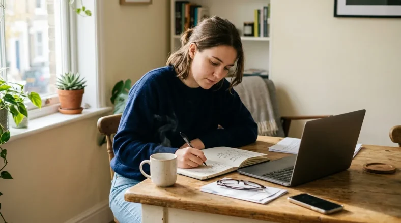 Femme écrivant dans un carnet près de son ordinateur portable