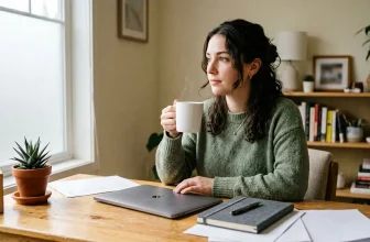 Femme en pull vert buvant du café au bureau avec ordinateur