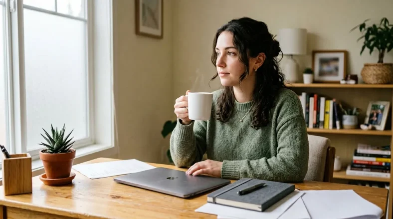 Femme en pull vert buvant du café au bureau avec ordinateur