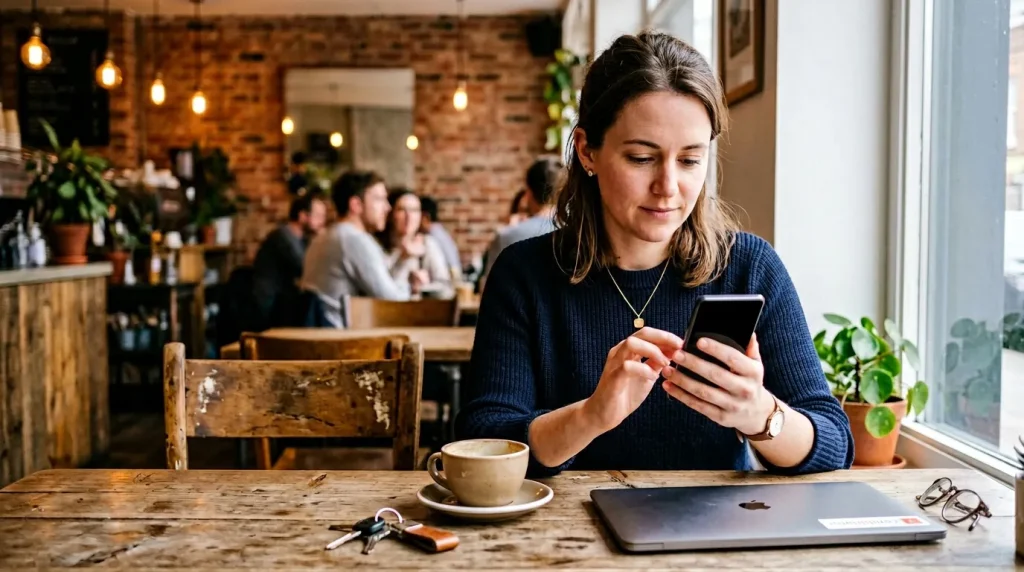 Femme consultant smartphone dans café, laptop et café sur table