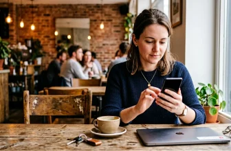 Femme consultant smartphone dans café, laptop et café sur table