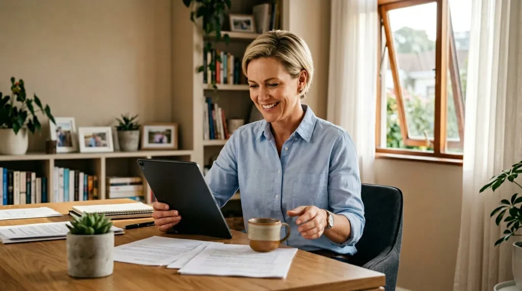 Femme souriante utilisant une tablette à son bureau