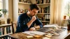 Homme concentré travaillant à son bureau dans une bibliothèque