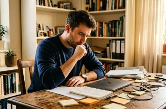 Homme concentré travaillant à son bureau dans une bibliothèque