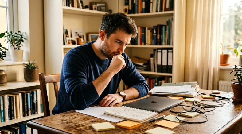 Homme concentré travaillant à son bureau dans une bibliothèque