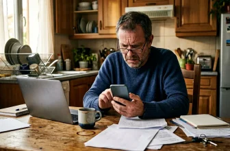 Homme consulte son téléphone à son bureau de cuisine