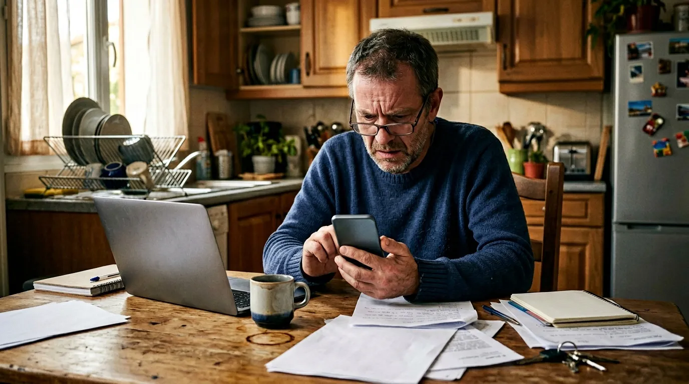 Homme vérifiant des documents et son téléphone à domicile.