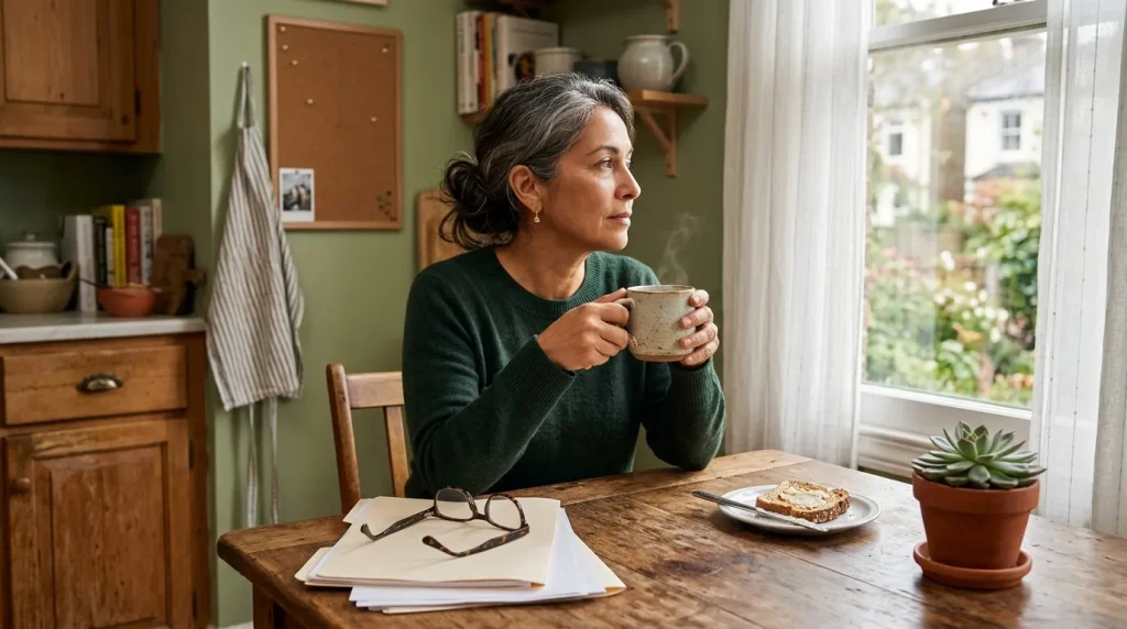 Femme regardant par la fenêtre avec une tasse de café