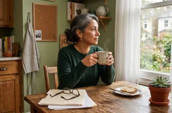 Femme regardant par la fenêtre avec une tasse de café