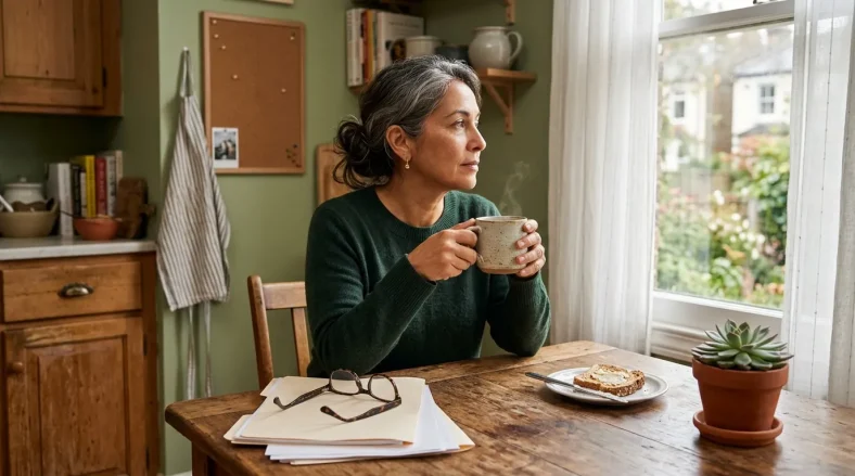 Femme regardant par la fenêtre avec une tasse de café