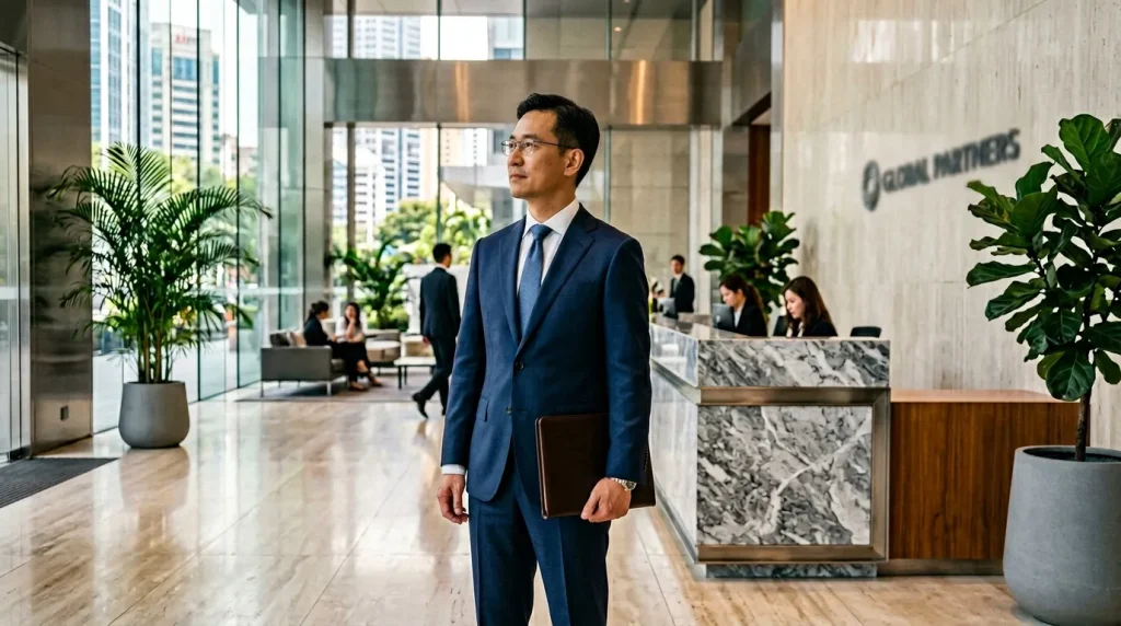 Homme en costume bleu dans le hall d'un immeuble de bureaux.
