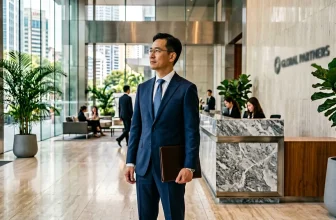 Homme en costume bleu dans le hall d'un immeuble de bureaux.