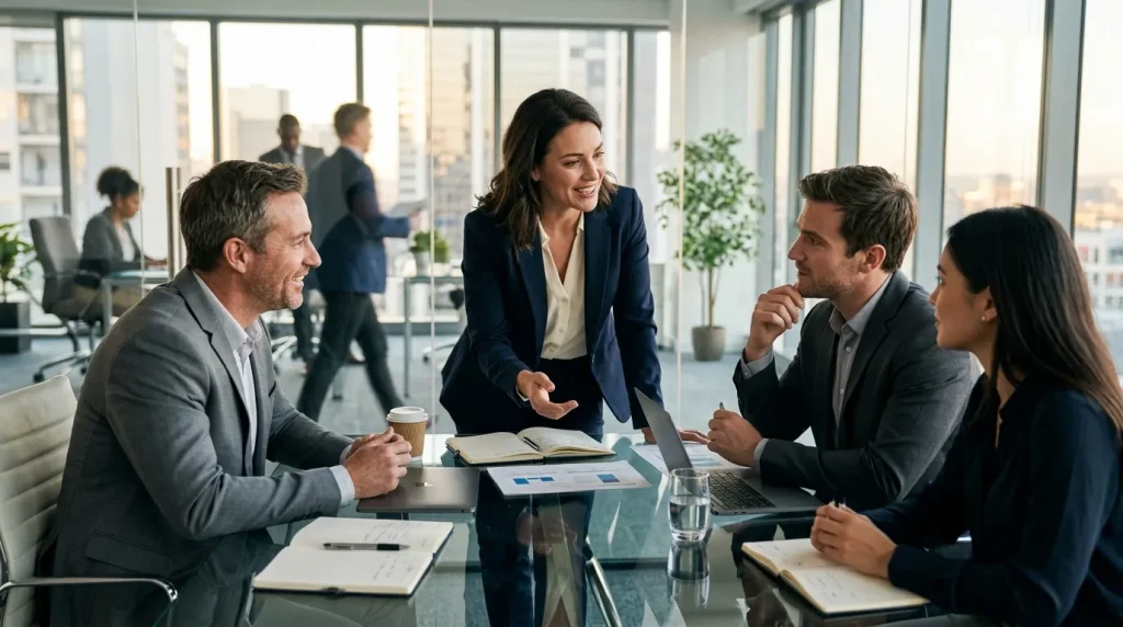 Quatre professionnels discutent autour d'une table dans un bureau contemporary