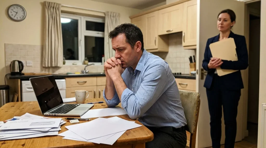 Homme au laptop et femme avec dossier en cuisine