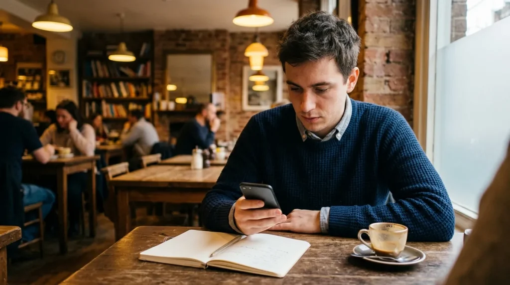 Homme vérifiant son téléphone dans un café avec carnet et café