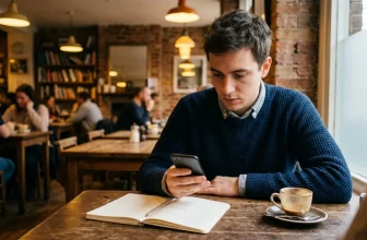 Homme vérifiant son téléphone dans un café avec carnet et café