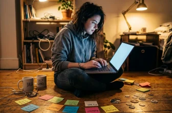 Femme travaillant sur laptop entourée de notes colorées