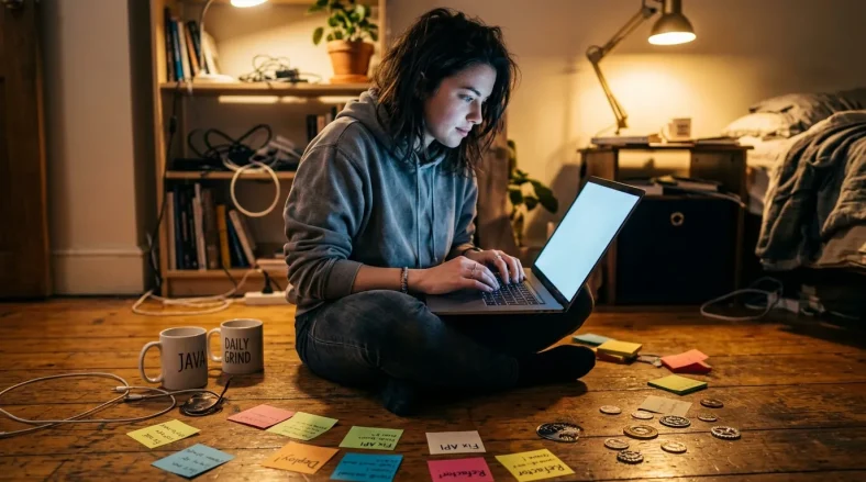 Femme travaillant sur laptop entourée de notes colorées