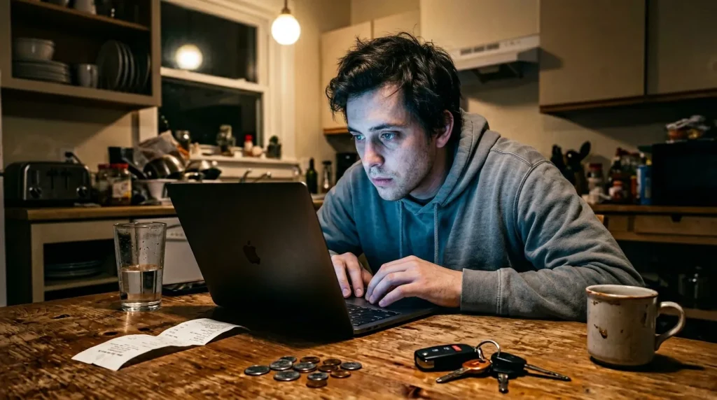 Homme travaillant sur laptop dans sa cuisine tard le soir