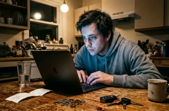 Homme travaillant sur laptop dans sa cuisine tard le soir
