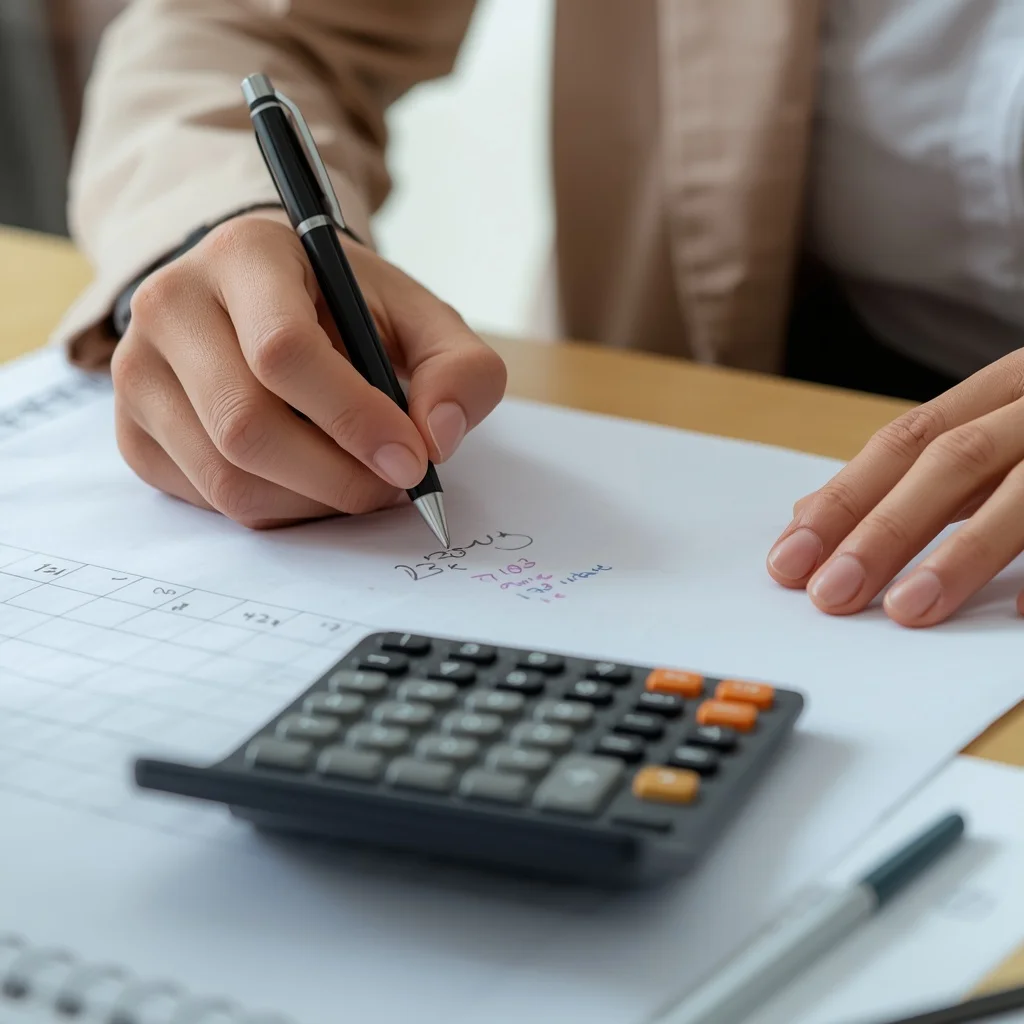 Personne effectuant un calcul sur un document financier.